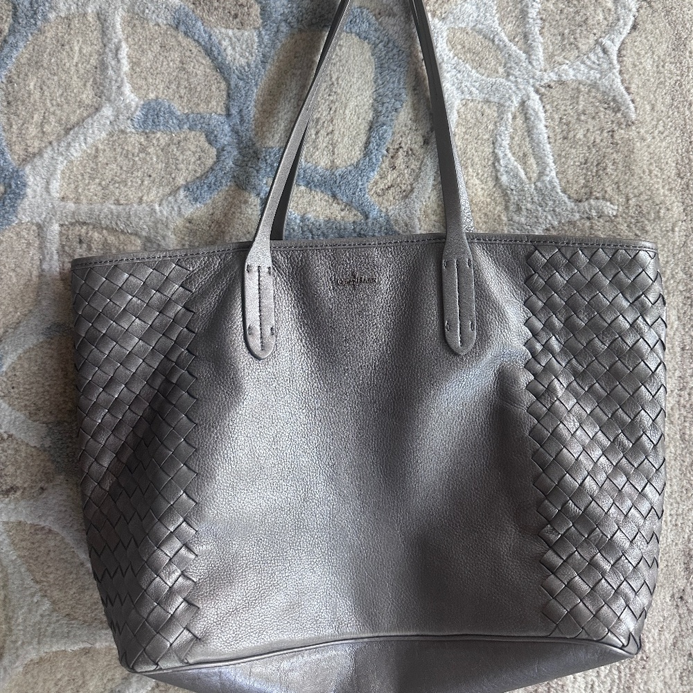 Cole Haan Victoria Woven Leather Tote Metallic Silver Shoulder Bag